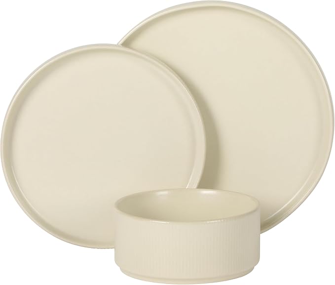 Gibson Elite Avant-Garde 12 Piece Stoneware Dinnerware Set for 4, Linen White Plates and Bowls Set with Reactive Glaze, Includes Dinner Plates, Salad Plates and Bowls