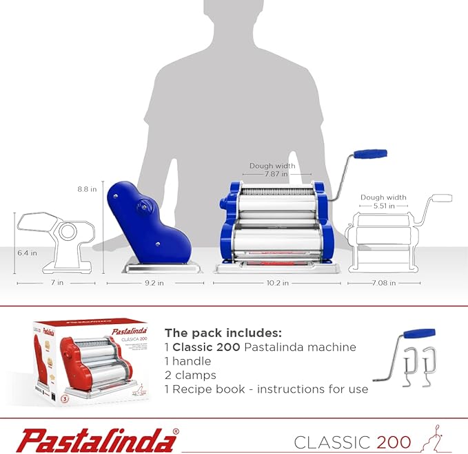 PASTALINDAClassic 200 Pasta Maker Machine, 20 cm Wide Rollers, 9 Thickness Positions, 2 Cutting Positions, Stainless Steel. Includes Reinforced Hand Crank And Two Clamps (Blue)
