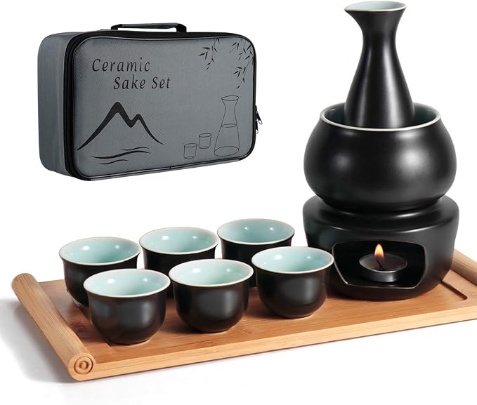 Ceramic Sake Set with Warmer Pot Tray, Stovetop Porcelain Pottery Hot Saki Drink Bottle, 10pcs Set 1 Stove 1 Warming Bowl 1 Sake Bottle 1 Tray 6 Cup Keep Sake Storage Box (Black)