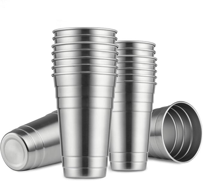 MEWAY Premium Stainless Steel Cups 24 oz Pint Cup Tumbler- Premium Metal Cups - Stackable Durable Cup，Chilling Beer Glasses, for Travel, Outdoor (16 Pack)