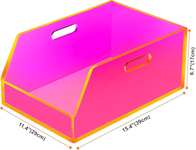 Gelite Stackable Storage Bins Open Front Organizer Bins with Handles Acrylic Storage Container for Pantry Kitchen Cabinet Bathroom Closet Office Organization, 15.4x11.4x6.7'', Neon Pink