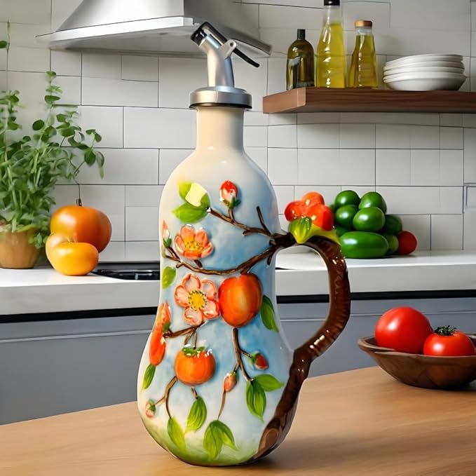 18.26oz/540ml Ceramic Olive Oil Dispenser Bottle,Hand Painted Reliefs Oil Dispenser for Kitchen,Oil Bottles for Kitchen (Persimmon)