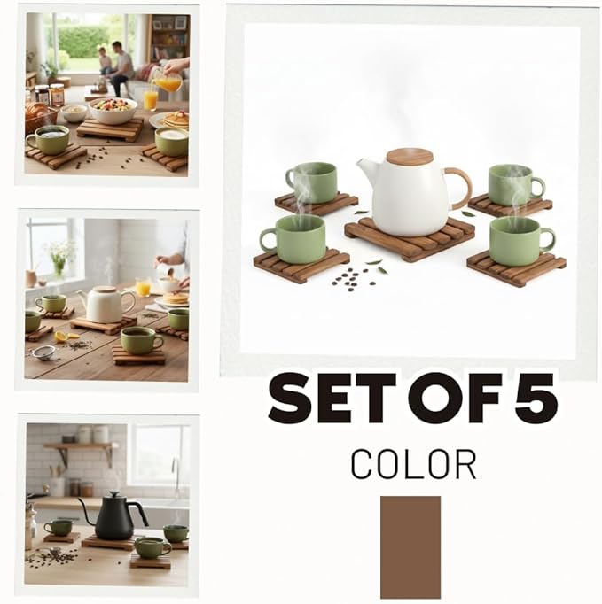 LO-MAS Premium Handmade Wooden Trivet Set (1-15x15, 4-5x5) – Heat Resistant Hot Pad for Kitchen, Table and Counter Protector, Wooden Coaster for Hot Pots, Pans, Bowls, Tea, Coffee,