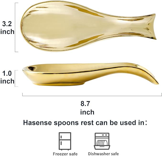 Ceramic Spoon Rest for Stove Top, Large 8.7 Inch Spoon Holder for Kitchen Counter, Porcelain Utensil Rest for Ladle, Spatula, Tongs, Housewarming Gift, Dishwasher Safe and Heat-Resistant, Gold(1 PC)