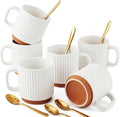 6 Set Ceramic Coffee Mugs with Gold Spoons, 8.8 oz Textured Ribbed Coffee Cups for Latte & Cappuccino, Modern Farmhouse Tea Mugs with Handle, Dishwasher & Microwave Safe(White)