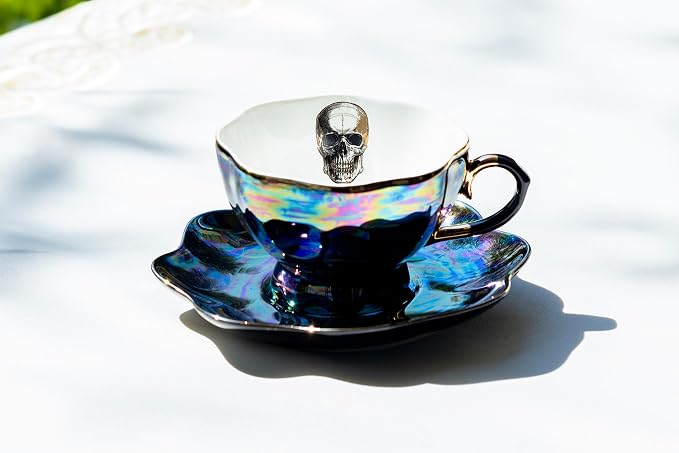 Grace Teaware Skull Black Gold Luster Tea Cup and Saucer with Gold Trim