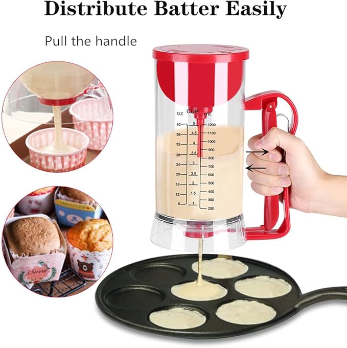Pancake Batter Dispenser Electric Mixer Separator for Cupcakes, Waffles, Cookies, Clear Marks, 40.58oz, Clear/Red