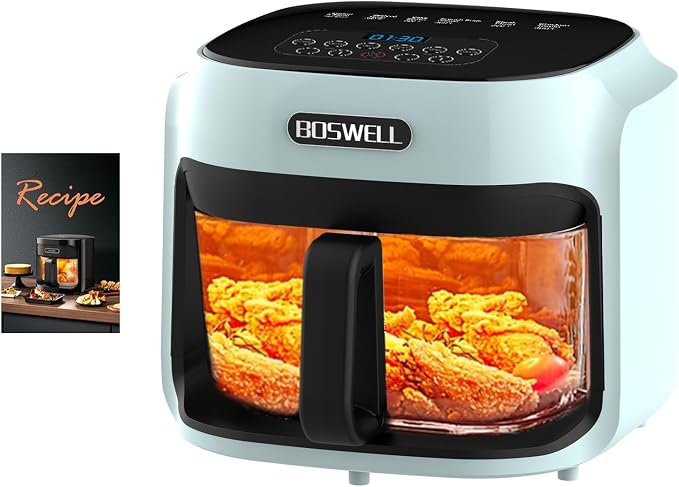 7.5 QT Glass Air Fryer, Transparent Fry Bowl, Circulating Heating & Temperature Control, Stainless Steel Interior, Dishwasher Safe, Green