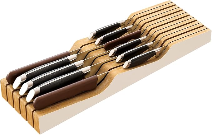 Knife Drawer Organizer Insert, Bamboo Wood Knife Holder, Knife Block Holds Up To 11 Knives