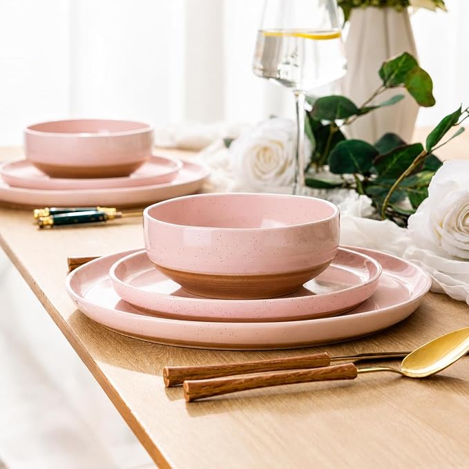 GBHOME 24-Piece Ceramic Dinnerware Set for 6, Handpainted Plates, Pasta Bowls & Bowls Set with Rustic Terracotta Underside, Scratch-Resistant, Dishwasher & Microwave Safe,Speckled Glaze Pink