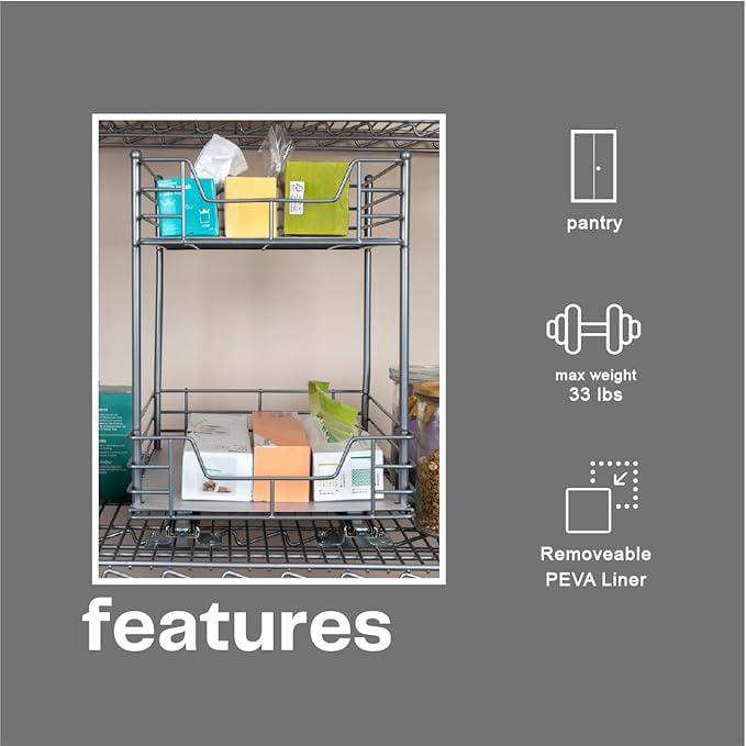 Household Essentials Glidez Steel Pull-Out/Slide-Out Storage Organizer with Plastic Liners for Under Cabinet or Wire Shelf Use - 2-Tier Design - Fits Standard Size Cabinet or Shelf, Brushed Silver