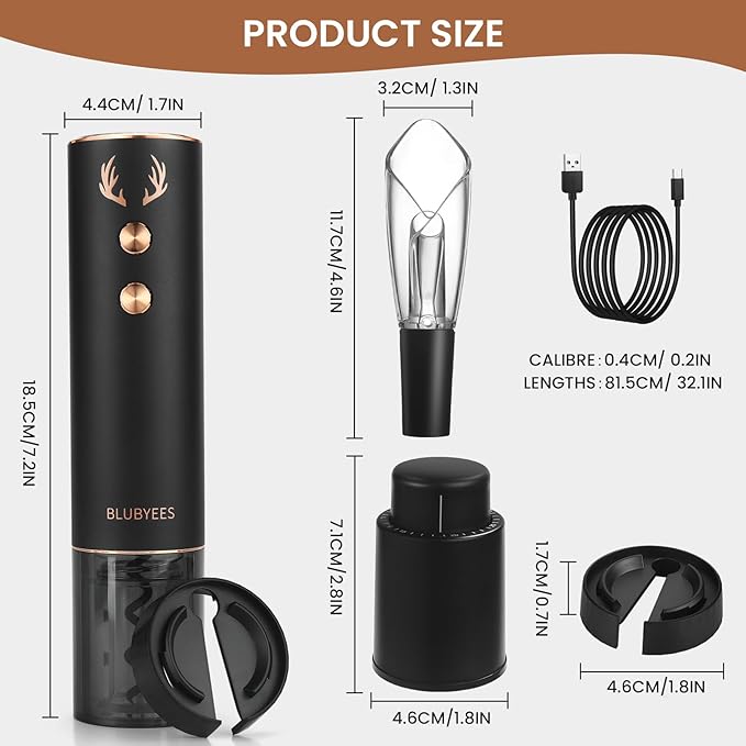 BLUBYEES 4-in-1 Rechargeable Electric Wine Opener Set - Automatic Corkscrew, Foil Cutter, Aerator Pourer, Vacuum Stopper - Wine Lovers Gifts for Women and Men