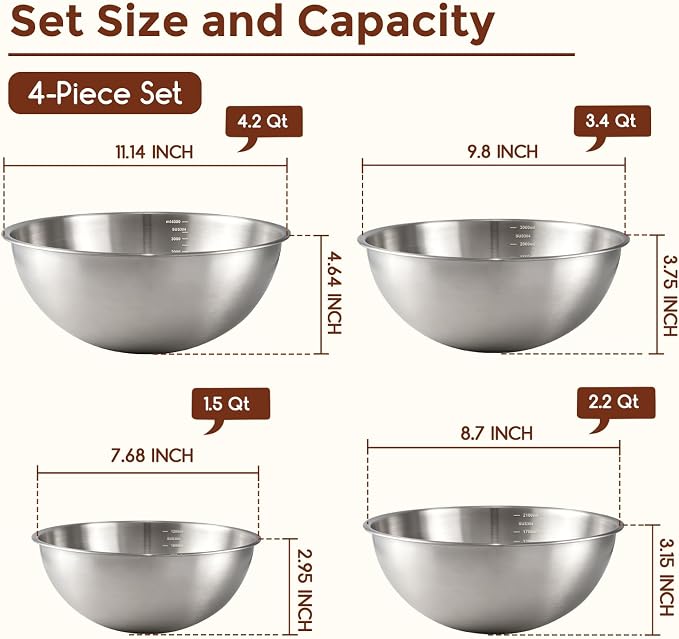 Gronivex 304 Stainless Steel Mixing Bowls, 4-Piece (1.5, 2.2, 3.4 & 4.2 Qt) | Food-Grade Metal,Dishwasher Safety,Stackable Nesting & Space-Saving, For home baking, salads, cooking, and RV or grilling use