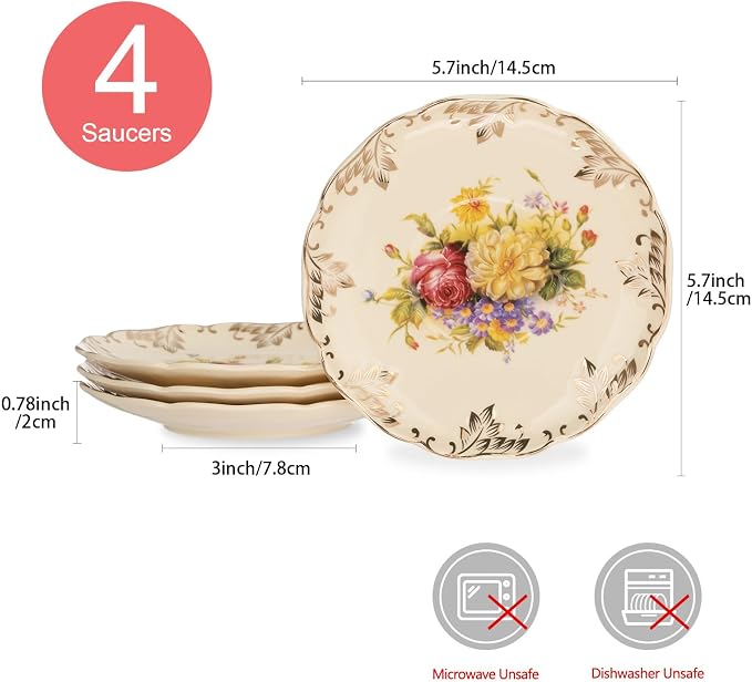 YOLIFE Tea Saucers Set of 4, 5.8 inch – Ivory Vintage Floral Porcelain Tea Plates for Cups with Gold Leaves Trim, Ideal for Tea Parties
