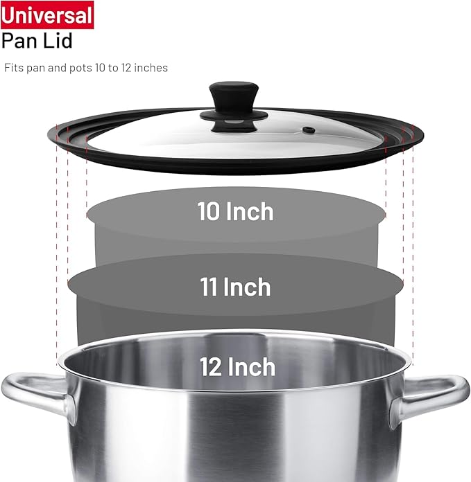 Bezrat Universal Lids for Pots, Pans and Skillets - 2-Pack Heat-Resistant Covers Tempered Glass with Silicone Rim - Fits 10”, 11”, 12” Cookware - Kitchen Covers, Dishwasher Safe