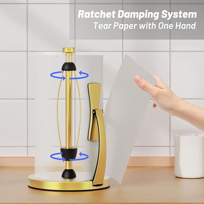 VEHHE Gold Paper Towel Holder Countertop, One-Handed Tear, Stainless Steel, Stand Paper Towel Holder with Spring Activated Arm & Non Slip Weighted Base, for Kitchen Bathroom