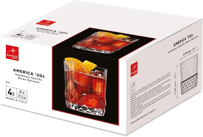Bormioli Rocco America '20s 12.5 oz. Double Old Fashioned DOF Glasses, Clear, Set of 4