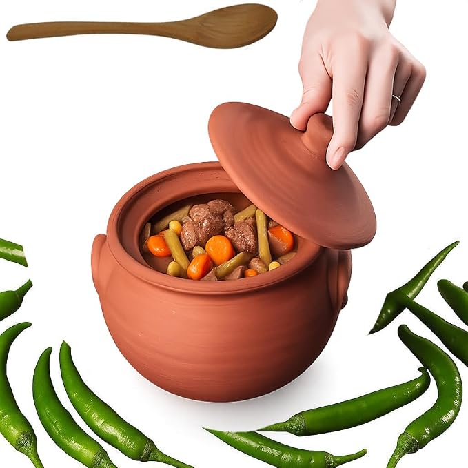 Small Earthenware Clay Mexican Mud Eathern Terracotta Cooking Pot Pottery Cazuela Cookware with Lid Natural Stovetop Stove Top Stone Stew Rice Unglazed Indian Kitchen Oven Terra Cotta Handcrafted Traditional Healthy (1.2 Quarts - Size2)
