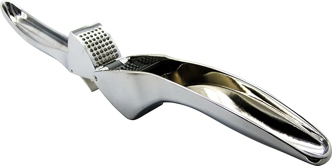 Japanese Garlic Press - Stainless Steel Garlic Press with Built-In Cleaning Tool - Garlic Mincer Spring Loaded Scraper- Kitchen Gadget Essentials - Peeler for Unpeeled Garlic Cloves - Dishwasher Safe