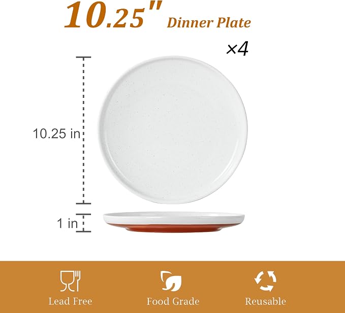 Ceramic Dinner Plates, 10.25 Inch, Set for 4, Elegant White | Flat Dish Design, Microwave & Dishwasher Safe, Perfect for Family and Entertaining, For Steak, Sandwiches, Pizza, Pasta