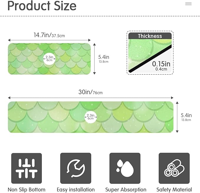 Kitchen Sink Splash Guard 2 PCS 14.7 Inch Sink Faucet Mat Splash Guard for Bathroom Countertop Water Absorbent Foldable Cuttable Soft Washable Green Fish Scale