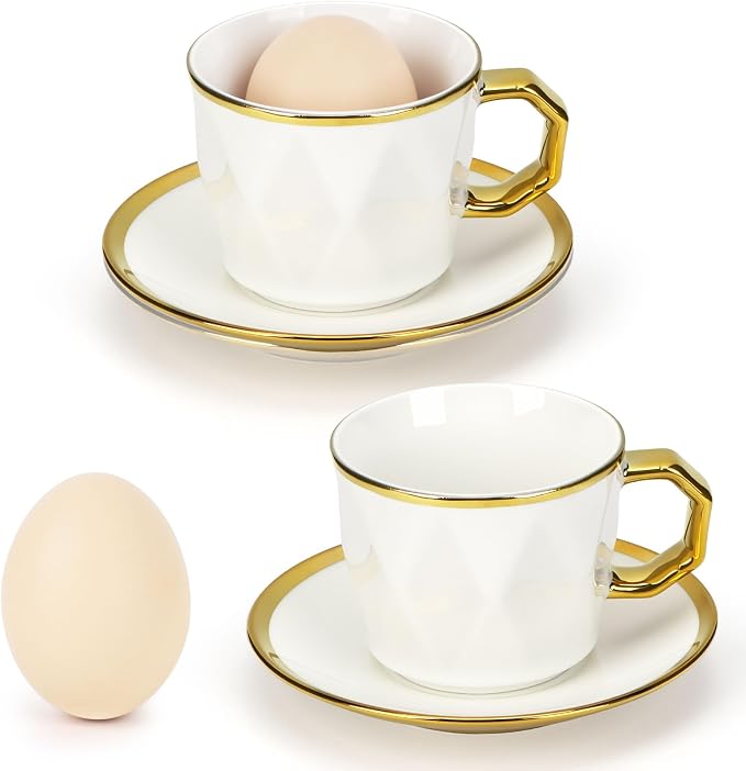 ALIMOTA 3.4oz/100ml Espresso Cups with Saucers, Set of 6, White Porcelain Coffee Cups with Gold Trim & Diamond Texture, Dishwasher Safe, Small Demitasse Cups for Latte, Cappuccino, Tea