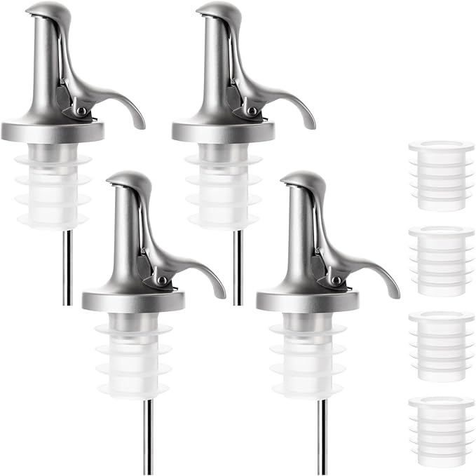 4PCS 3-in-1 Liquor Bottle Pourers with Speed Spouts,Automatic Sealing Spout with Built-in Caps - Dishwasher Safe, Alcohol Speed Spouts - 4PCs with 4 Adapters (Silver And White)