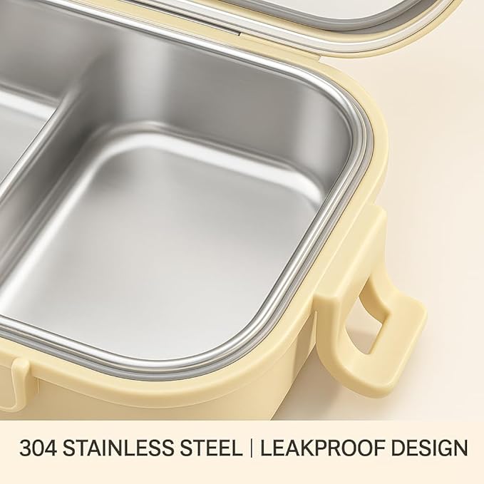 304 Stainless Steel Lunch Box for Work & Travel, 3-Compartment Leakproof Food Container, Healthy Eating & Portion Control, Safe for Home Use, Portion Control for Healthy Eating (Off-white 3 grids)