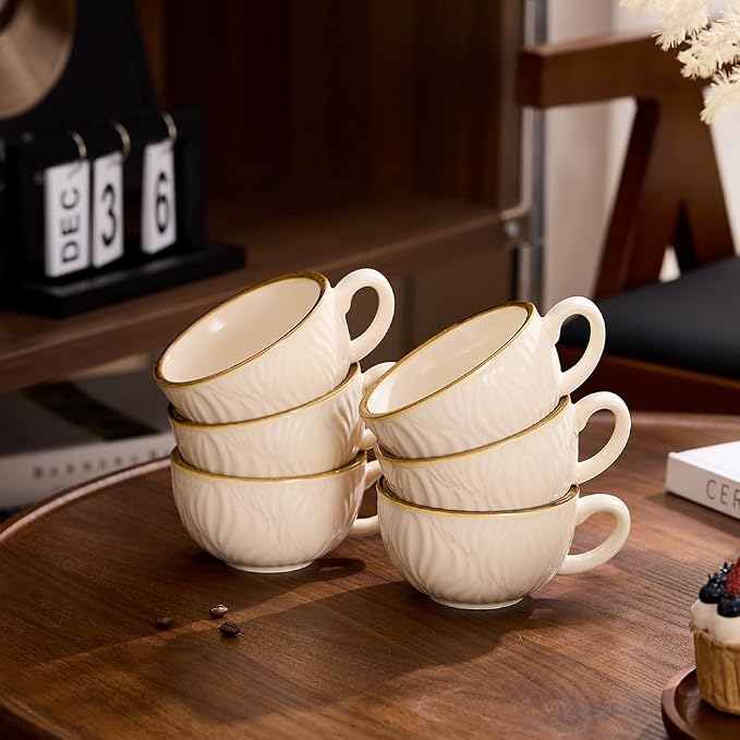 Coffeezone Set of 6 Vintage Design 12 oz Professional Barista Ceramic Latte Art Cappuccino Cups Set (Wave Beige)
