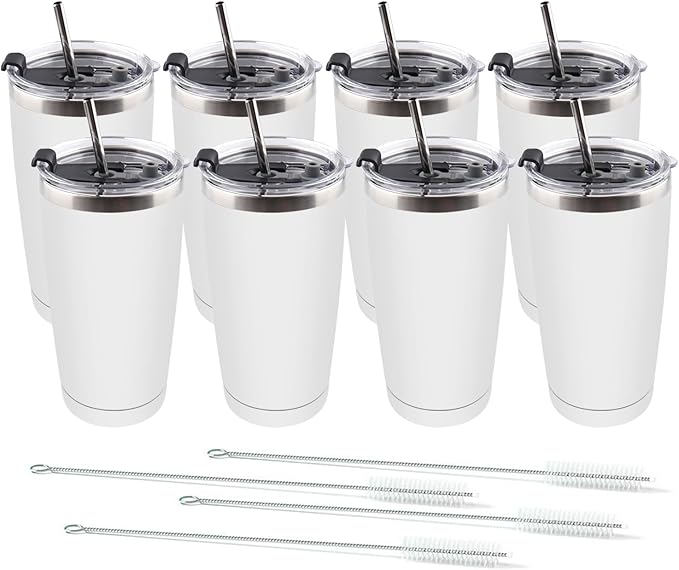 Amtidy 8 Pack 20oz Stainless Steel Tumbler with Lid, Powder Coated Vacuum Insulated Tumbler Cup, With straw and cleaning brushDouble Wall Coffee Tumbler, Powder Coated Travel Mug