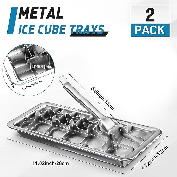 2 Pack Stainless Steel Ice Cube Trays with Lever Tweezers and Finger Gloves 18-Cube Metal Ice Trays, Non Toxic, Plastic Free，Heavy Duty for Whiskey, Cocktails, Freezer