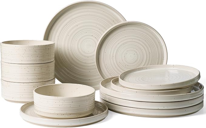 12-Piece Reactive Glaze Stoneware Dinnerware Sets for 4 - High Edge Plates and Bowls with Speckles & Spirals - Chip & Scratch Resistant, Microwave & Dishwasher Safe - Shell Beige