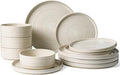 12-Piece Reactive Glaze Stoneware Dinnerware Sets for 4 - High Edge Plates and Bowls with Speckles & Spirals - Chip & Scratch Resistant, Microwave & Dishwasher Safe - Shell Beige