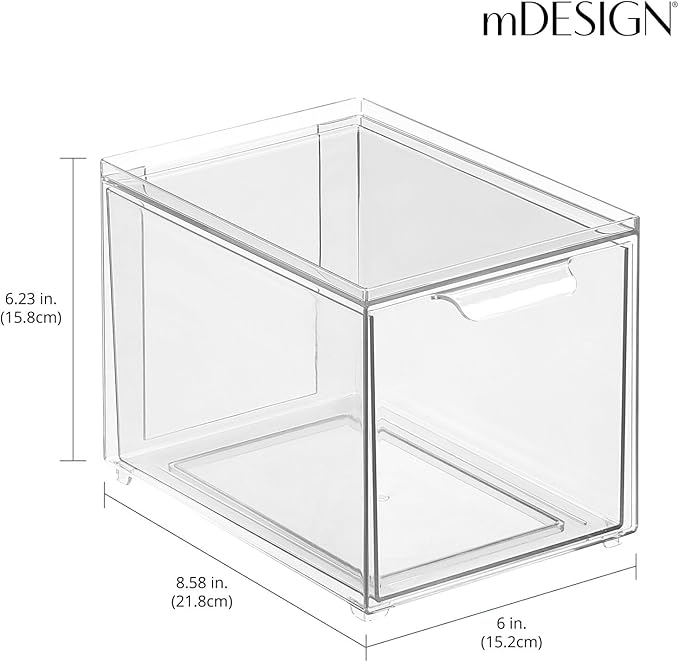 mDesign Plastic Bathroom Organizer Bin w/Pull Out Drawer - Slim Stackable Storage Container for Bathroom Accessories - Perfect for Organizing Bathroom Cabinet - Lumiere Collection - 2 Pack - Clear