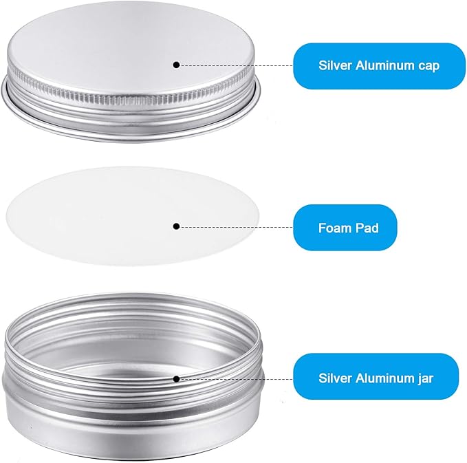 Patelai 2 oz Silver Metal Round Tins Aluminum Tin Cans Salve Tins Containers with Screw Lid 10 Sheets Stickers for Salve Spice Candies Balms Candles, 36 Pack (Classic Style)
