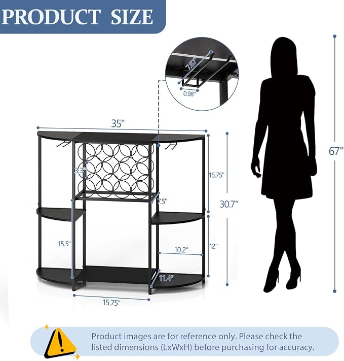 JKsmart Wine Bar Cabinet with LED Lights, Mini Wine Bar Cart with Storage and Glass Holder, Home Bar Coffee Bar for Liquor, 3-Tier Bar Table for Kitchen, Dining Room, Living Room, Black