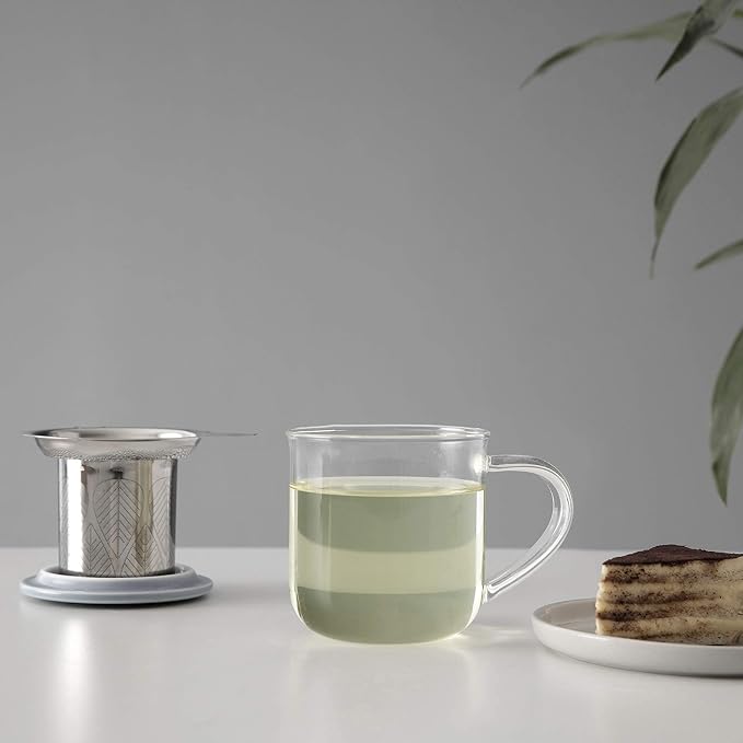 VIVA Minima Eva Glass Tea Cup with Mesh Infuser - Coffee Mug With Porcelain Lid/Saucer - 14 oz / 400 ml, Hazy Blue