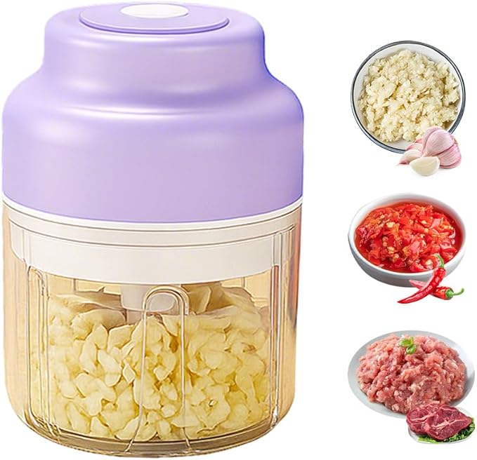 Electric Mini Garlic Chopper Set, 2026 New Small Garlic Chopper Mincer, Electric Food Chopper Tool, USB Rechargeable, Wireless Veggie Grinder, for Mashing Onion, Garlic, Chili, Ginger (Purple, 250ml)