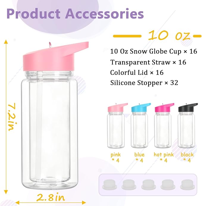 16 Pack 10 Oz Plastic Snow Globe Tumbler for Kids with Pre-Drilled Hole and Plug, Leak Proof Double Wall Snow Globe Sports Water Bottle with Portable Handle for Glitter DIY Gift, Mixed Color