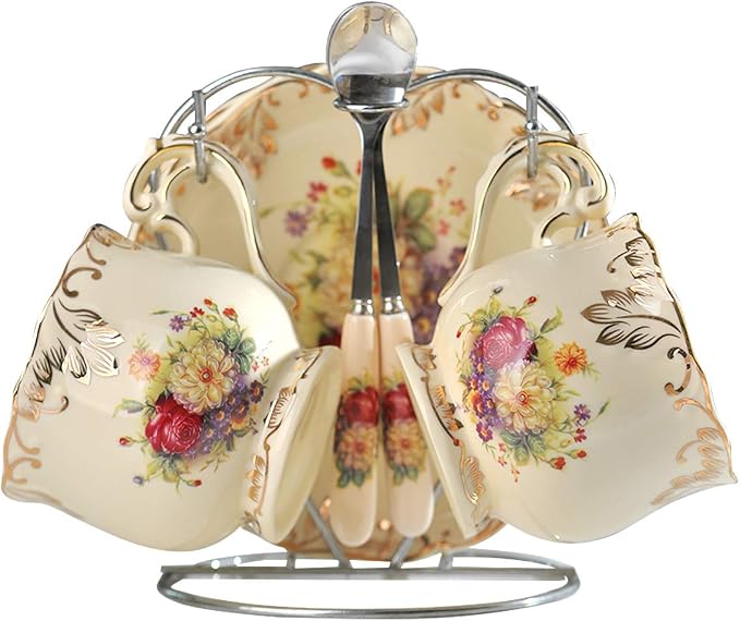 YOLIFE Tea Cup and Saucer Set of 2, 8 oz Vintage Ivory Porcelain Tea Cups Set with Stand, Teacup Saucer Set - Flowering Shrubs with Gold Leaves