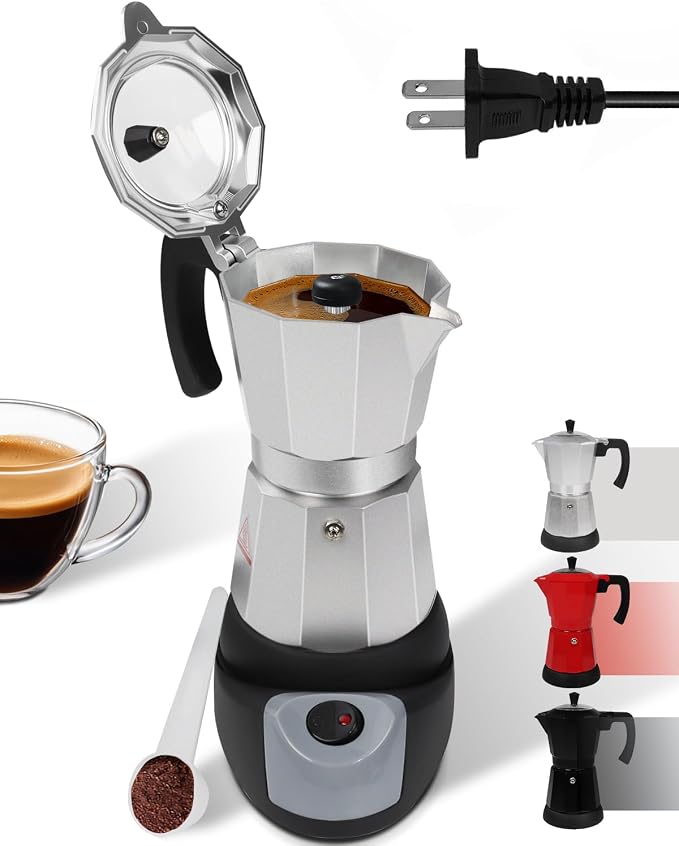 Electric Moka Pot with Detachable Base Aluminum Electric Espresso Maker 10oz 6 Cup 300ml Silver Espresso Coffee Maker Italian Coffee Stovetop Espresso Maker Kitchen Home 110V
