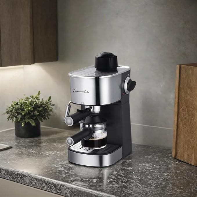 Professional Series 4-Cup Espresso Maker with Milk Frother, 4-Bar Pressure, Die-Cast Boiler