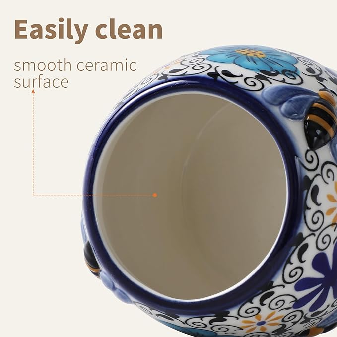 ZOOBEE 10oz Ceramic Honey Jar with Dipper Stick,Handpainted Honey Container for Storing Syrup,Small Mini Honey Pot with Bees,Disherwash Safe-Hidden Nook