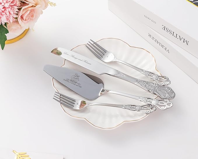 Wedding Cake Knife and Server Set, Heart Shaped Mr and Mrs Champagne Flutes with Cake Cutting Set for Wedding Bridal Shower Gifts (Silver)