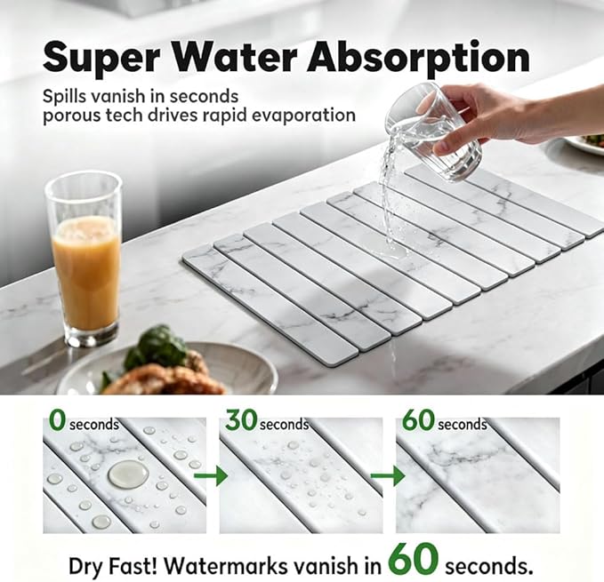 Stone Drying Mat for Kitchen Counter, Quick Diatomaceous Earth Mats for Dishes, 23.6"L x 15.7" W Super Absorbent Fast-Drying Collapsible Countertop Stone Mat (Marble White, 24" x 16")