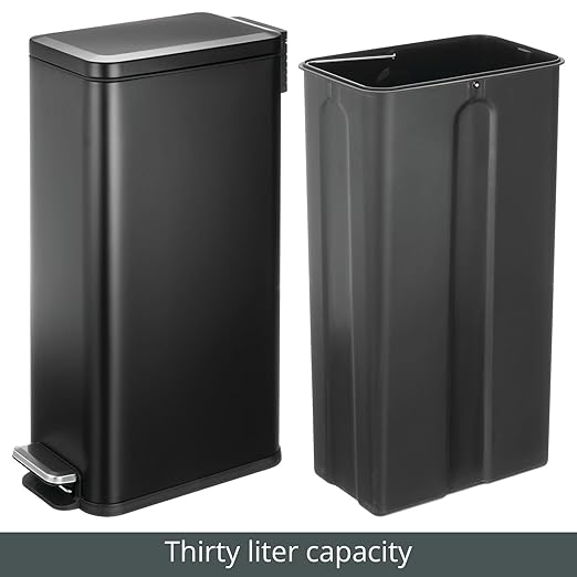 mDesign Slim Metal Rectangle 7.9 Gallon Trash Can with Step Pedal, Easy-Close Lid, Removable Liner - Narrow Wastebasket Garbage Container Bin for Bathroom, Bedroom, Kitchen, Office - Black