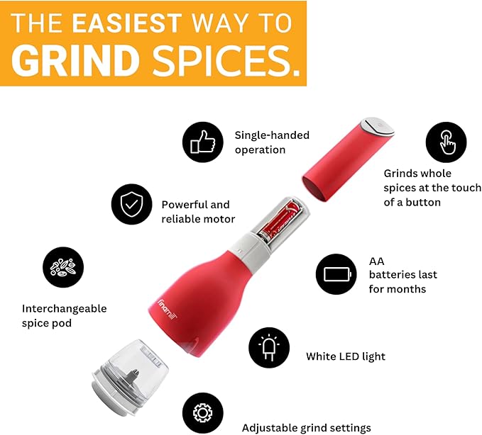 FinaMill Classic Battery Spice Mill Bundle with Slate Quartet Stackable Tray – One-Handed Grinder with Interchangeable Pods & Space-Saving Spice Organizer - Valentines Day Gifts for Food Lovers