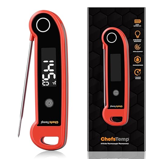 ChefsTemp Digital Instant Read Meat Thermometer, NSF Certified IP67 Waterproof Digital Food Thermometerwith Ambidextrous Backlit for Grilling, Food, BBQ, Kitchen Cooking, Oil Deep Frying & Candy (Red)