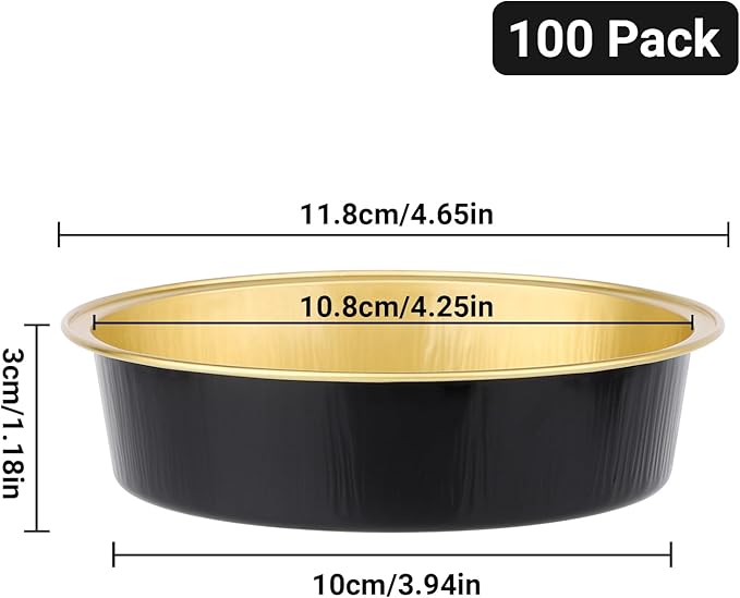 Beasea Aluminum Ramekins 100 Pack, 4" 7.3oz 215ml Disposable Baking Foil Cups Mini Ramekin No Lids Cupcake Aluminum Baking Cups for Party - Black Gold