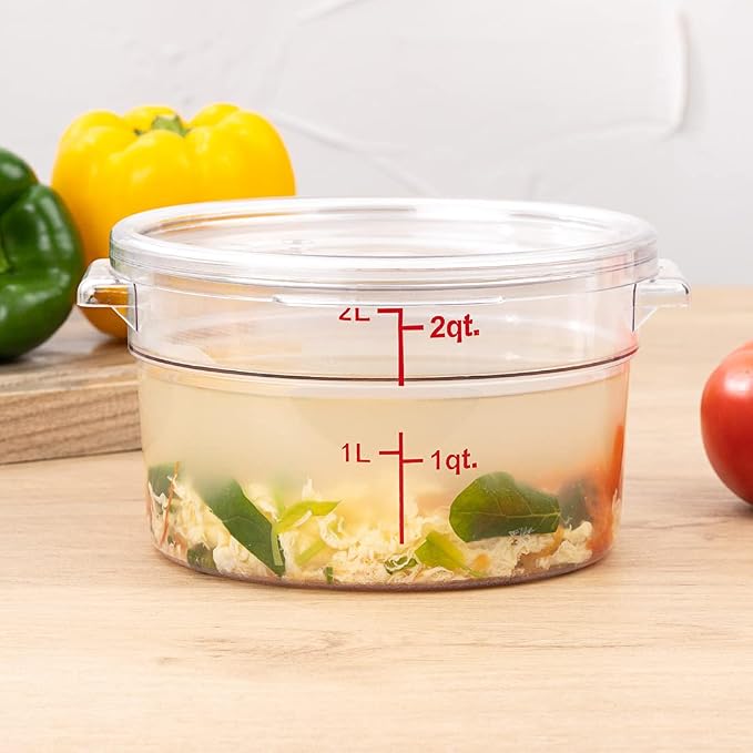 Restaurantware Met Lux 2 Quart Food Storage Container, 1 Round Commercial Storage Container - Lid Sold Separately, With Volume Markers, Clear Plastic Food Prep Bucket, Space-Saving Storage